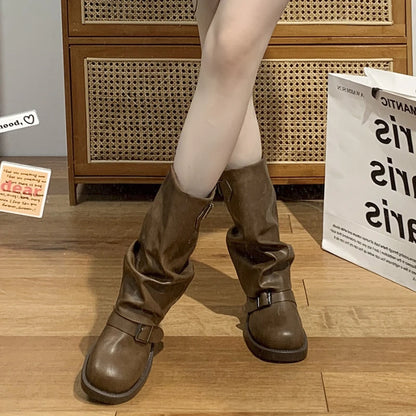 Luxury Women's Boots Slip on Female Mid-calf Boots Retro Biker Boots Fashion Block Heels Women Shoes Pu Leather Zapatos De Mujer