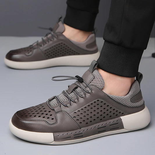 Summer Men's Hollow Breathable Leather Boots Outdoor Flat Bottomed Comfortable Sports Shoes Fashionable and Casual Oxford Shoes