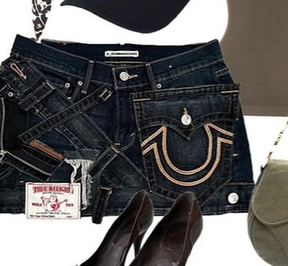 Gothic High Waisted Retro Y2k Skirt Letter Embroidery Patchwork Zipper Denim Pleated Mini Skirt Harajuku Womens Short Skirts