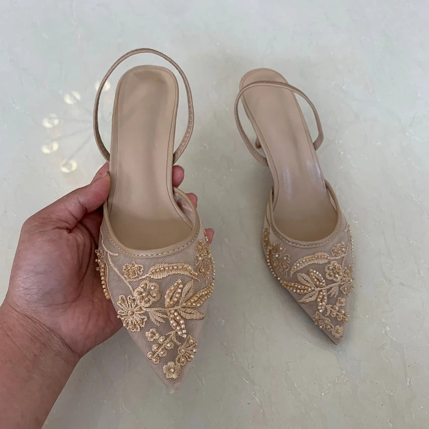 Mesh Embroidered Women Sandals String Bead Thin High Heels Mules Shoes Pointed Toe Slingback Slippers Women Zapatos De Mujer