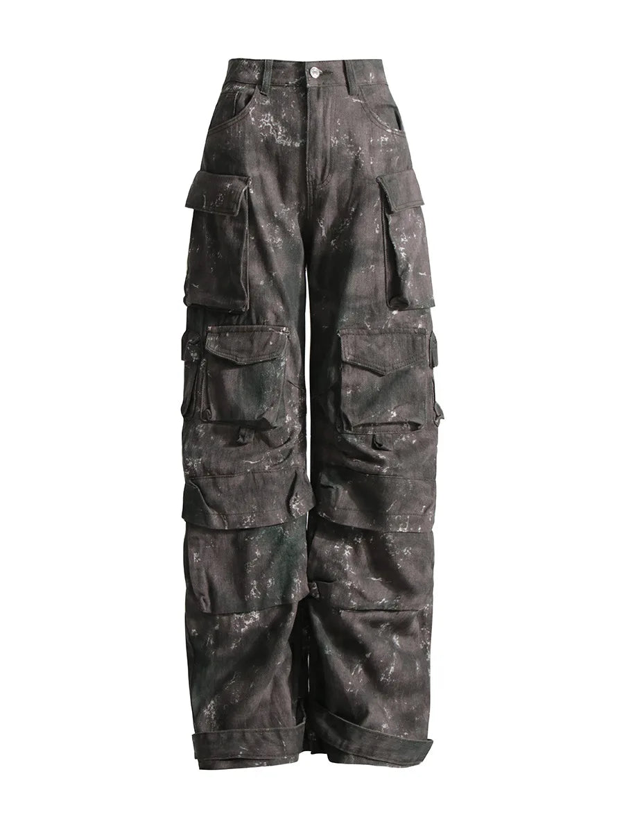 Trendowa dżinsowa odzież robocza | Street Style Black & Grey Multi-Pieszeńskie dżinsy | American Casual High Pary Funkcjonalny projekt