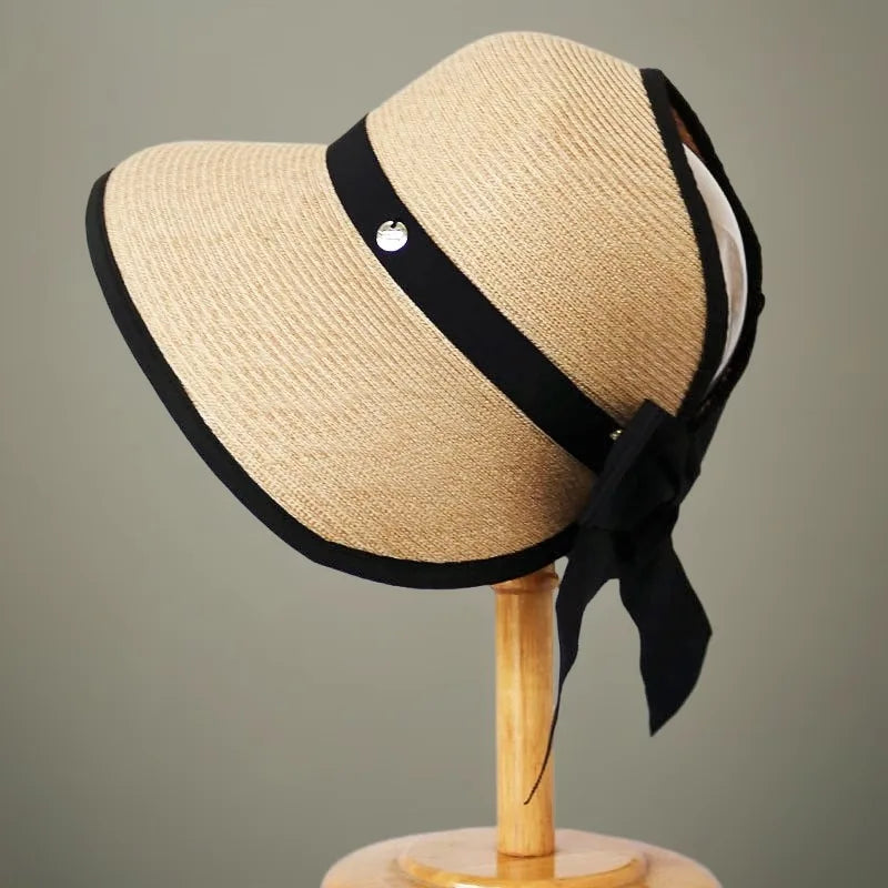 Women's Handmade Summer Sun Hat, Big Black Bow, Large Eaves Beach Straw, Nature Cap, Temperament Flat Collapsible Hat