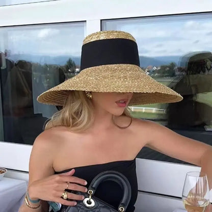 2024 Summer Straw Hat Beach Hat Women's Seaside Sun Hat Vacation Bow Ribbon Flat Top Big Brim Straw Hat praia 모자