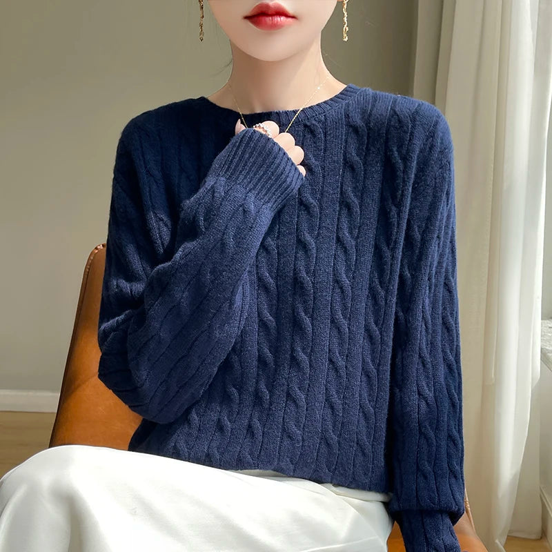 Autumn and Winter round Neck Loose Thick Women's Twist Knitted Sweater Long Sleeve Pullover Bottoming Shirt Lazy Top