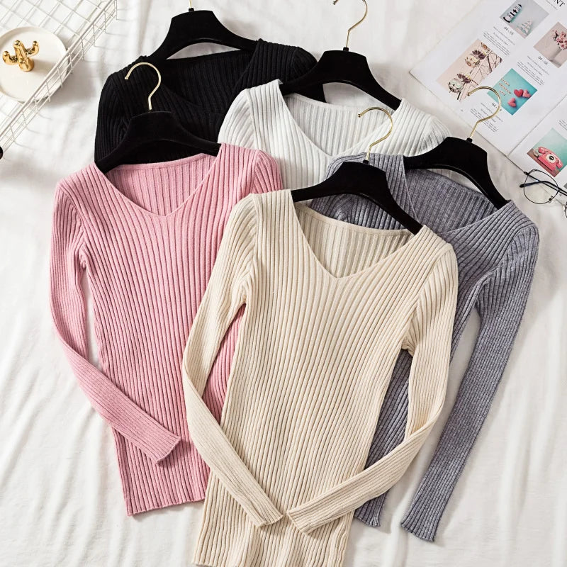 Herfst Winter Women Sweaters Casual gebreide lange mouw gebreide V Neck Lover Sweater Femme Fundamentele massieve jersey Tops Mode kleding