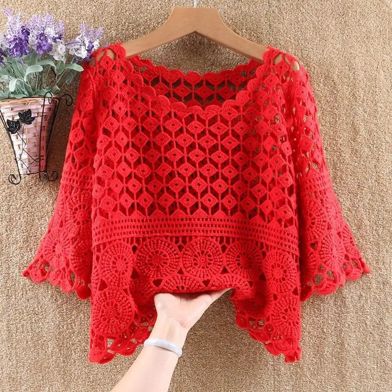 Women 2025 Spring Summer New Hook Flower Hollow Loose Pullovers Female Shawl Knitted Tops Ladies Short Jumper Sweater Tops W38