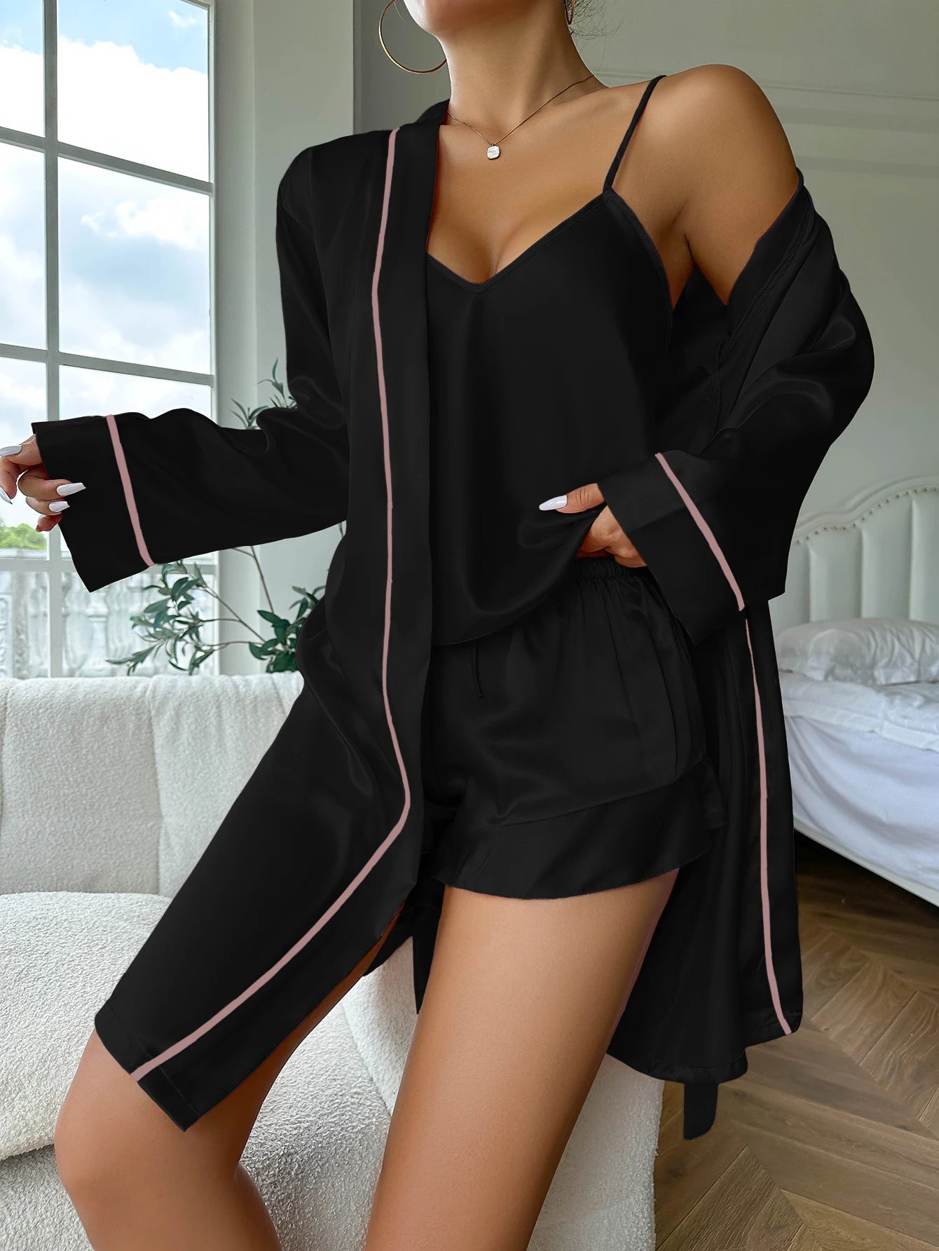 Eenvoudige satijnen pyjama set met lange mouw rok met rok met rok cami top en shorts dames slaapkleding