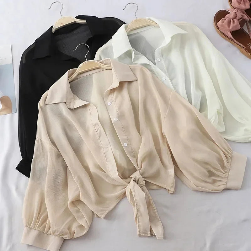 Casual Loose Hollow White Clothes Elegant Solid Color Tied Waist Blouse Women Summer Bat Half Sleeve Button Chiffon Shirt