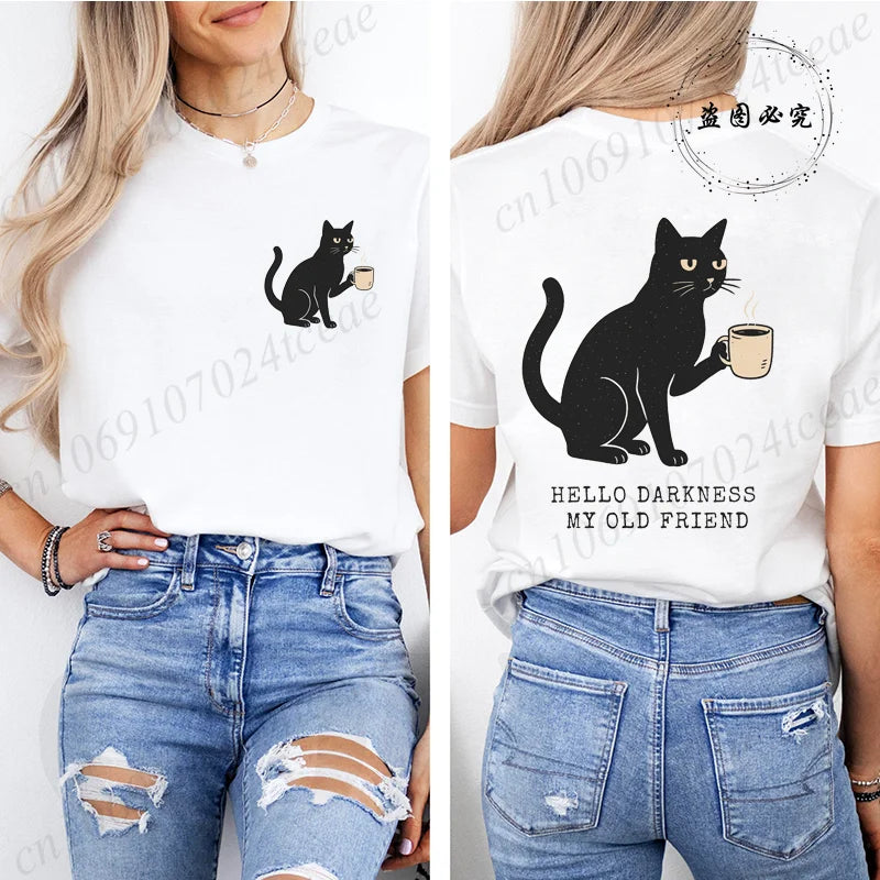 Labava grafička hellom tamnes smiješna majica crni mačji print majica kratki rukavi vrat casual vrh za ljetnu halloween žensku odjeću
