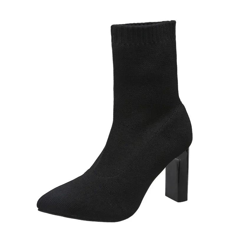 Womens Fashion Heeled Ankle Boots Autumn Pointy Solid Color Stretch Knitted Sock Boots Women Chunky Slip on Shoes Plus-size 43