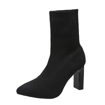 Womens Fashion Heeled Ankle Boots Autumn Pointy Solid Color Stretch Knitted Sock Boots Women Chunky Slip on Shoes Plus-size 43