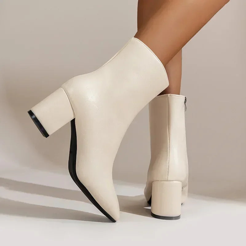Bottes de cheville blanche pour femmes Side Zipper Stretch Middle Talon grande taille Boot Boot Fashion Point Pointed chaussures Botas de Mujer 2024