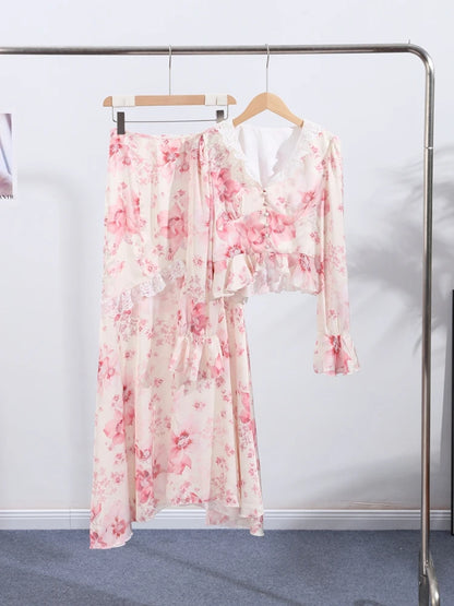 Elegant Print Tops Skirts Sets Women Full Flare Sleeve V-neck Shirts Hip Package Skirt Set Female 2025 Summer Fall Lady Suits
