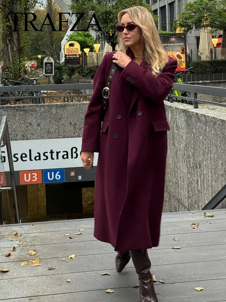 Trafza Women Fashion Burgundy Wełniany płaszcz podwójnie piersi Long Mieszanie Lapel Kurtka Jumn Winter High Street Onymiza