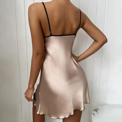 Жени Nightdress V Neck Sexy Lace Bow Nightgown Split Sleepwear Silk Loungewear Spaghetti Strip Babydoll Beringe Sleep Ress