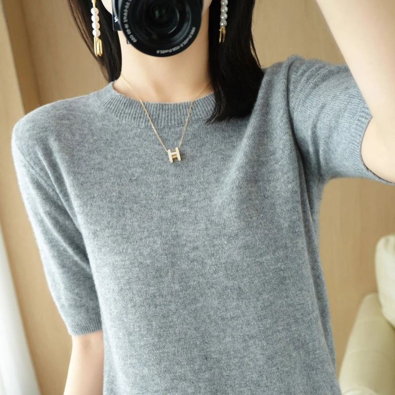 Spring 2022 New Women's O-Neck Short-Sleeved Exquisite Cashmere Sweater Pullover
