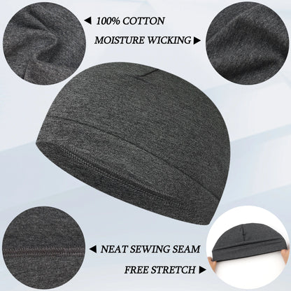 3-Pack Unisex-Schädelkappen: Baumwolle oder 75% Nylon/25% Spandex Mützen | Sweat-Tailing Leichtes Gewicht zum Laufen, Radfahren, Schlaf | Mult