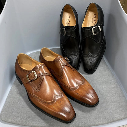 Men's Luxury Genuine Leather Wingtip Oxfords Italian Monk Strap Buckle Brogue Dress Shoes for Business Wedding Formal Wear