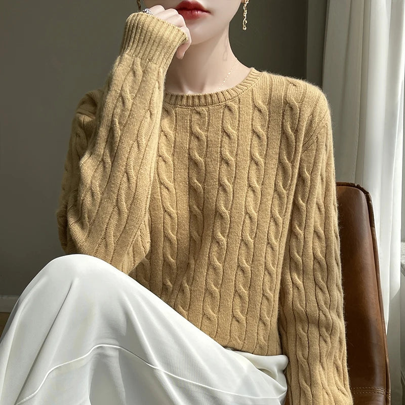 Autumn and Winter round Neck Loose Thick Women's Twist Knitted Sweater Long Sleeve Pullover Bottoming Shirt Lazy Top