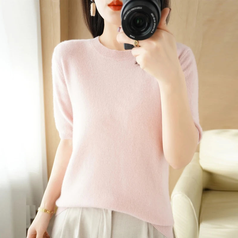 Spring 2022 New Women's O-Neck Short-Sleeved Exquisite Cashmere Sweater Pullover