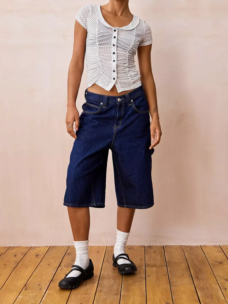 Women Short Sleeve Shirts Dot Print Doll Collar Button Down Blouses Summer Casual Tops Streetwear