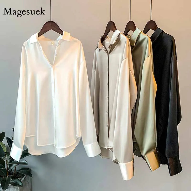 Spring Fashion Button Up Satin Seidenhemd Vintage Bluse Frauen weiße Tops Lady Long Sleeves weibliche losen Straßenhemden 11355