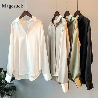 Spring Fashion Button Up Satin Seidenhemd Vintage Bluse Frauen weiße Tops Lady Long Sleeves weibliche losen Straßenhemden 11355