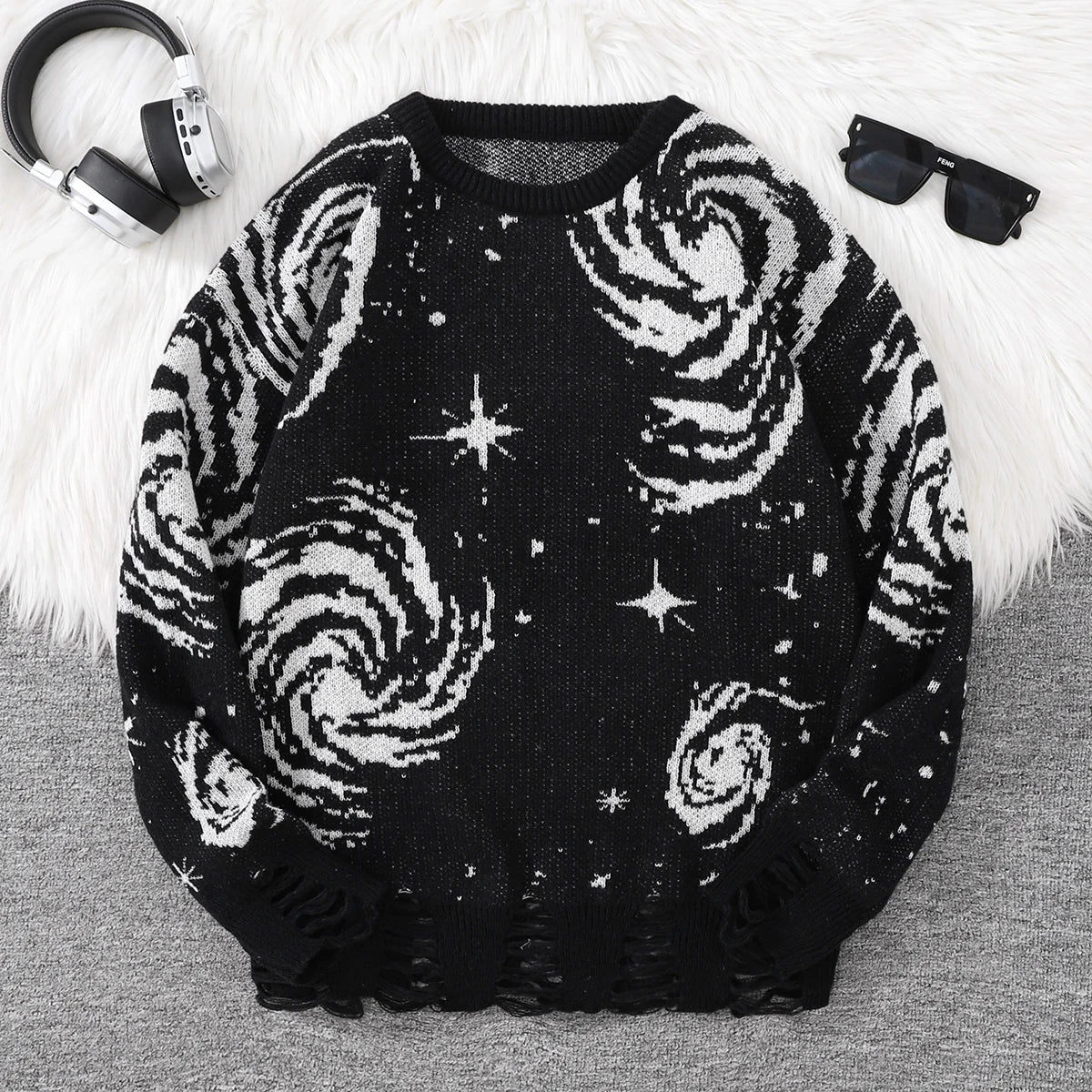 Novo Popular Street Ripped Ripped Starry Sky Padrão Pullover rasgado suéter casual Round Neck Knit