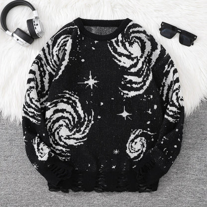 Novo Popular Street Ripped Ripped Starry Sky Padrão Pullover rasgado suéter casual Round Neck Knit