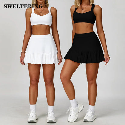 2 Pieces Women's Tracksuit Yoga Set Sport Bra High Waist Yoga Short Skirt Gym Clothes Fitness Sleeveless Workout Suit Sporstwear