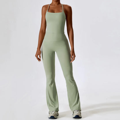 Women Tracksuit Gym Yoga Suit 2PCS Tight Fitting Sports Set Workout Breathable T Shirts Bra Tank Top Loose Bell-bottoms Leggings