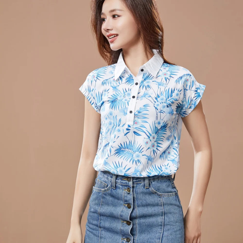 Žene proljetni ljetni stil šifonske bluze Lady casual kratki rukav skretanje ovratnika tiskani casual labavi vrhovi df3548
