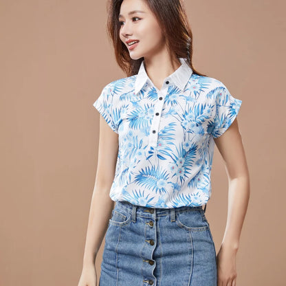 Žene proljetni ljetni stil šifonske bluze Lady casual kratki rukav skretanje ovratnika tiskani casual labavi vrhovi df3548