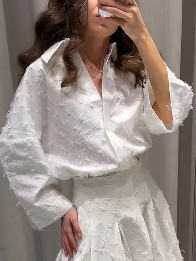Elegant skjorta kjol set kvinnor lapel långärmad lös t-shirt hög midja veckade långa kjolar kostymer 2025 sommargata lady set