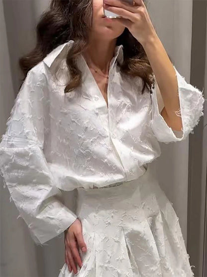 Elegant skjorta kjol set kvinnor lapel långärmad lös t-shirt hög midja veckade långa kjolar kostymer 2025 sommargata lady set