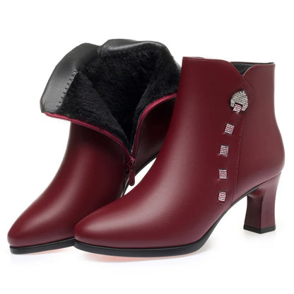 New Autumn Winter Soft Leather Rhinestones Cotton Shoes Woman Fashion Pointed Toe Elegant Comfortable High Heel Boots