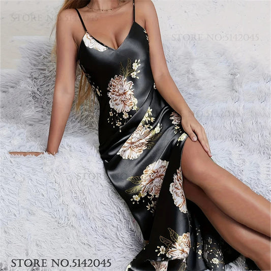 Women Long Nightgown Chemise Sleepwear Print Flower Suspender Nightdress Intimate Lingerie Summer Silk Satin Homewear Loungewear