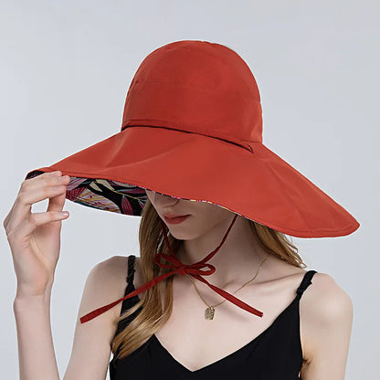 Women Cotton Wide Brim Sun Hats Metal Wired Edge Summer UV Protection UPF Boho Hat for Beach Hiking Garden Travel Chin Strap