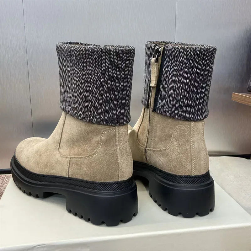Luxury Quality Short Boots Woman Round Toe Flat Shoes For Women Cow Suede Ankle Boots String Bead Motorcycle Boots Women