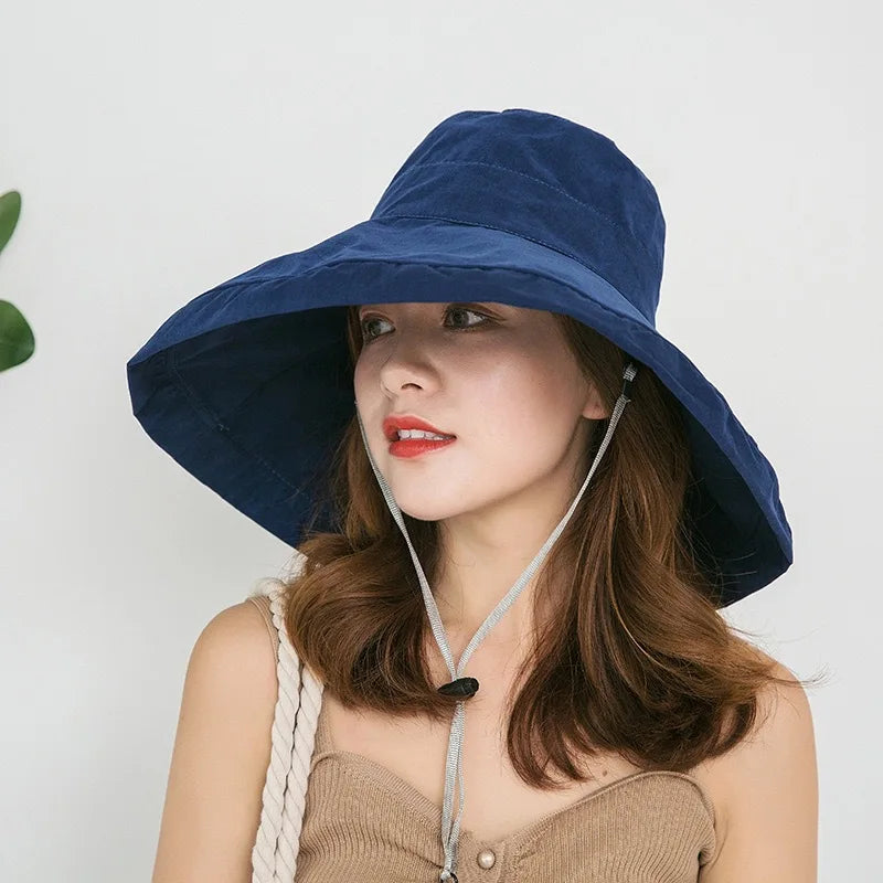 Women Cotton Wide Brim Sun Hats Metal Wired Edge Summer UV Protection UPF Boho Hat for Beach Hiking Garden Travel Chin Strap