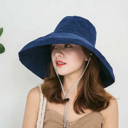 Women Cotton Wide Brim Sun Hats Metal Wired Edge Summer UV Protection UPF Boho Hat for Beach Hiking Garden Travel Chin Strap