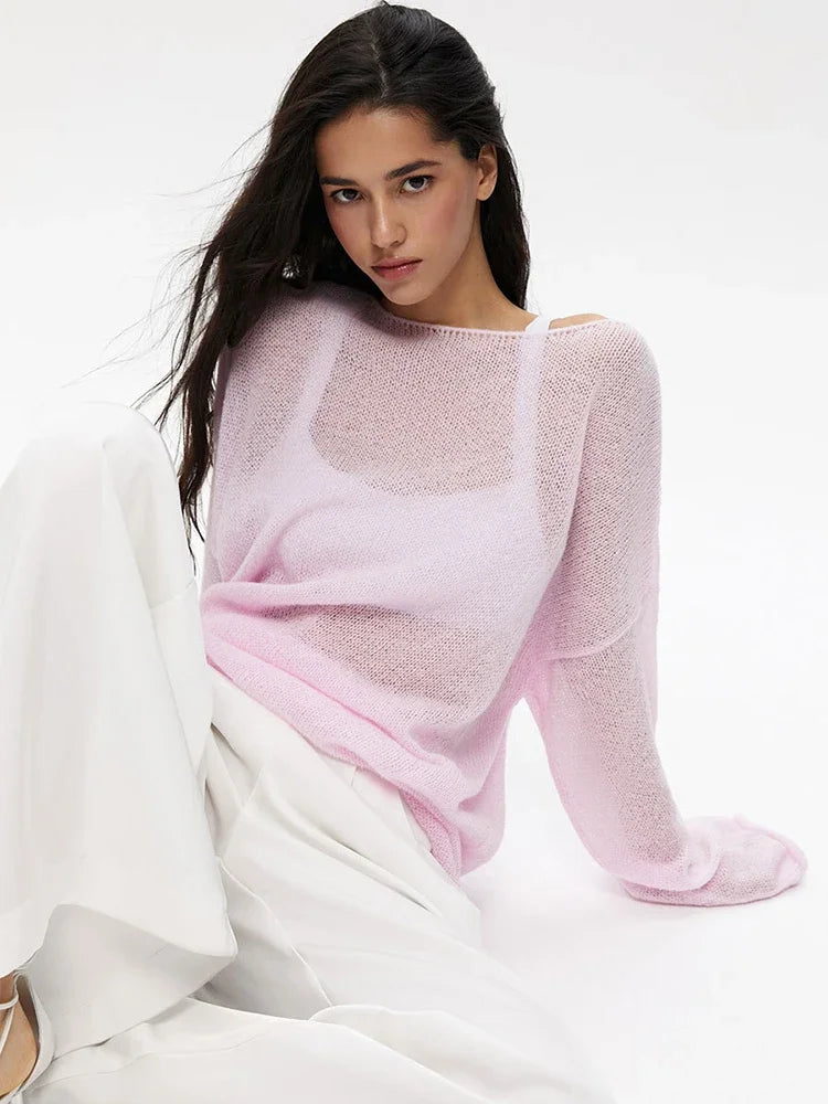 Talenza Hollow Knitted Sweater Pullover Women's Solid See-through O-Neck Long Sleeve Knitted T-Shirt Loose Casual Pullover 2025