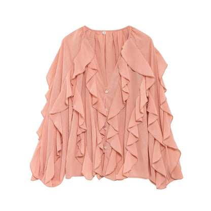 Tangada Women Wine Red Ruffles Shirt Langærmet 2025 Fashion Oversized Blouse Tops 3H0011