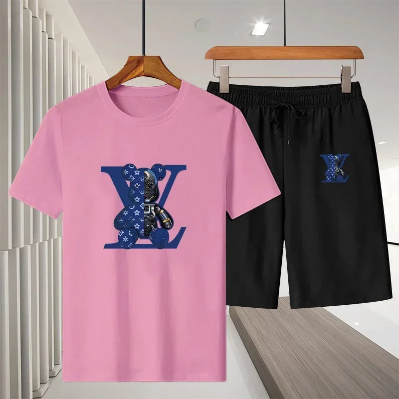 Ny 2025 Summer Leisure Men's Sports Suit Outdoor vandring Jogging Men's Short Sleeve Breattable T-shirt + Shorts Two-Piece Set