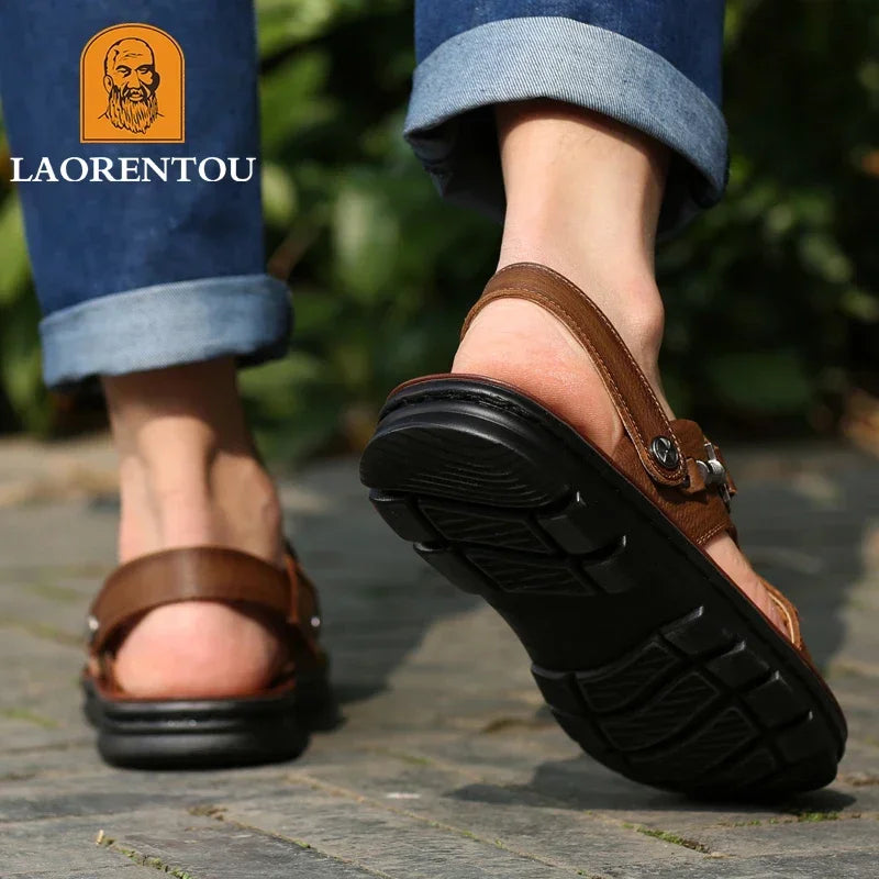 Laorentou lederen mannelijke sandalen casual strandschoenen dragen niet-slip sandalen en sliers koehide