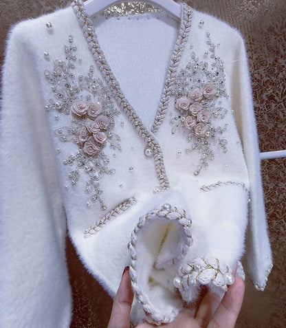 Diamantes com contas de flores de luxo Cardigã de malhas de peles Faux para mulheres com-deco