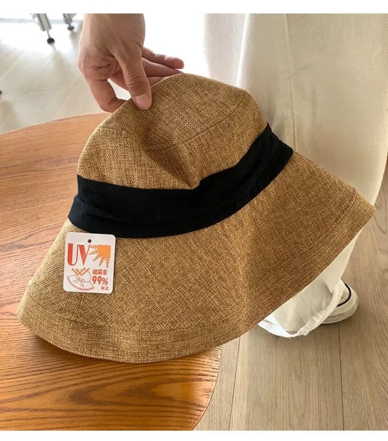 Old Money Style Cotton Linen Sun Hats Women Travel Breathable UV Protection Hat Summer Beach Quiet Luxury Wide Brim Bucket Hats