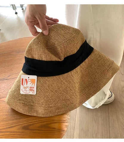 Old Money Style Cotton Linen Sun Hats Women Travel Breathable UV Protection Hat Summer Beach Quiet Luxury Wide Brim Bucket Hats