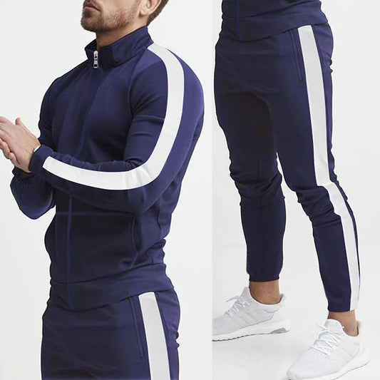 New autumn and spring long-sleeved two-piece set with spliced stand collar, men's casual sportswear suit.