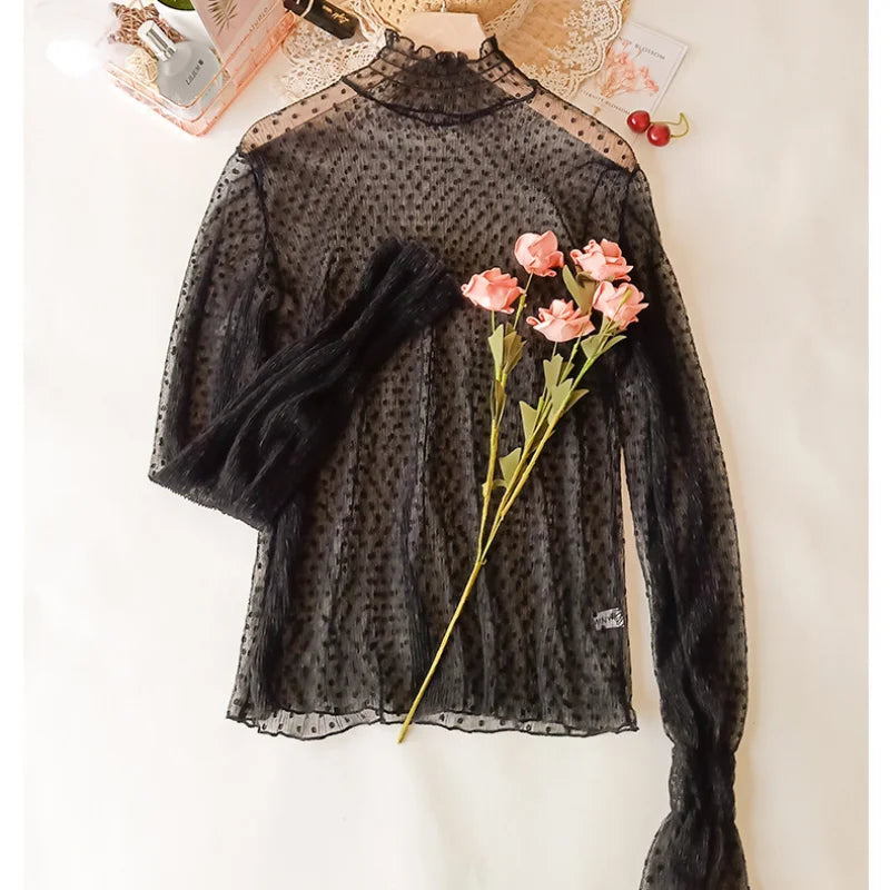 Bella Filosofia Donne Women Collar Mesh Perspective Blome Summer See attraverso Scifine pizzo lungo a maniche a maniche a bagliore lunghe